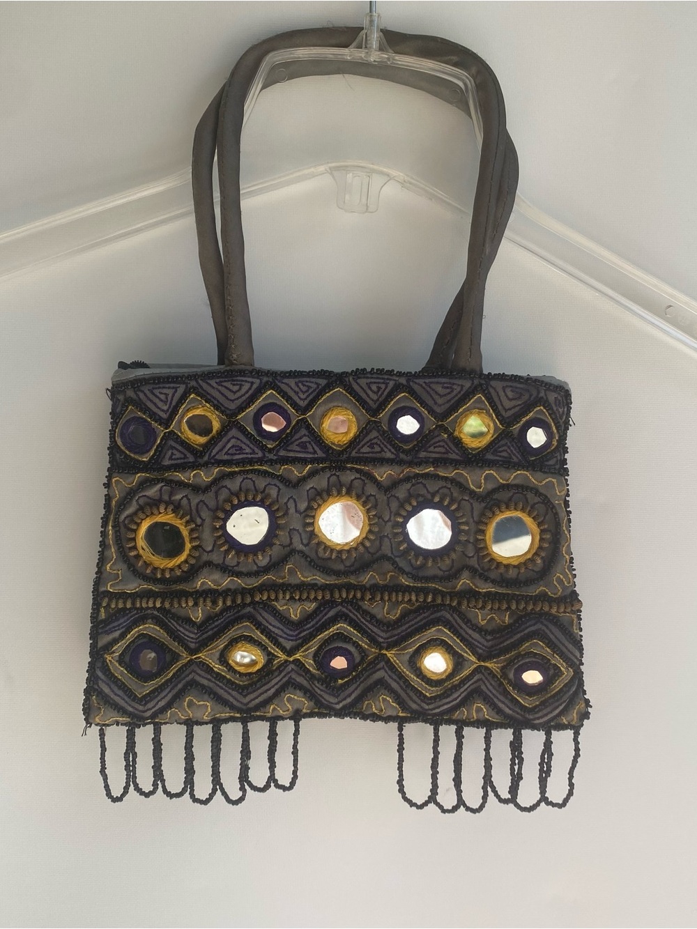 Vintage 90s small formal handbag boho beaded mirror embroidered purse